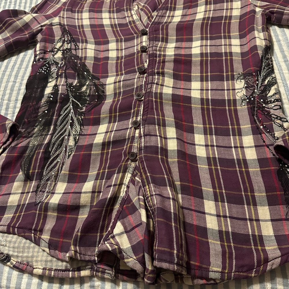 Miss Me Plaid Button Down Small ladies long sleeve shirt - Picture 6 of 6